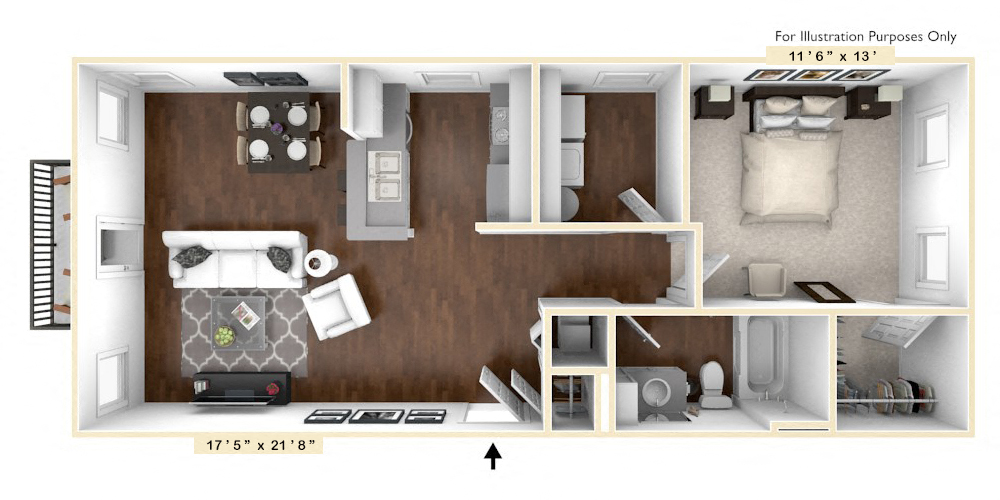 Floor plan for 1 bed, 1 bath, 756 sqft